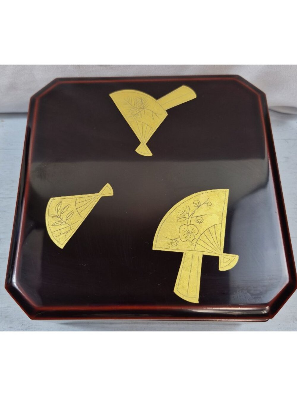 Vintage Japanese Lacquerware Box Fan Design Burlwood Box W/Lid 1-Tier Jubako